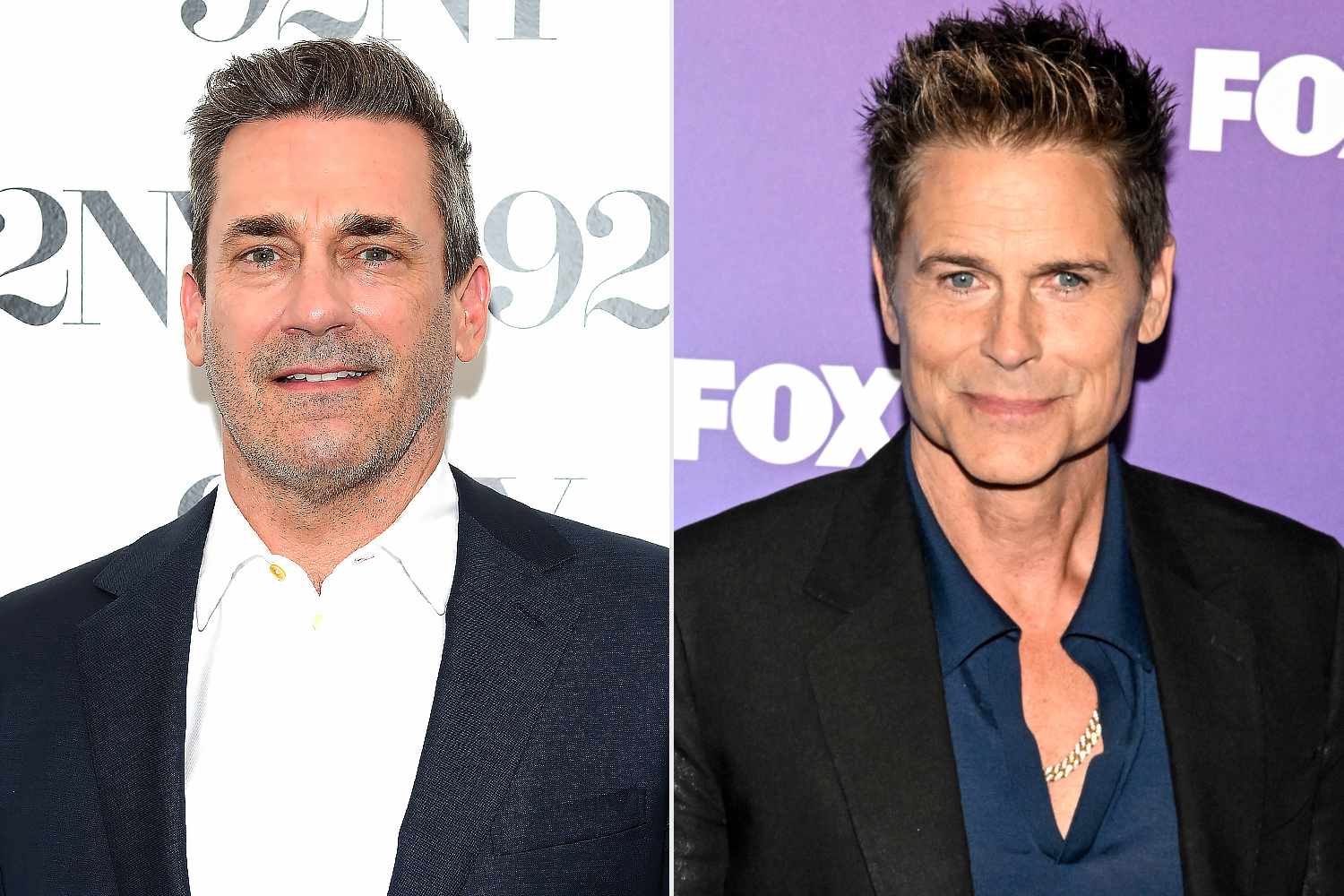Jon Hamm attends a discussion of the series "Fargo" at 92NY on June 15, 2024 in New York City; Rob Lowe at the Fox 2024 Upfront Red Carpet held at the Ritz-Carlton Nomad on May 13, 2024 in New York City. 