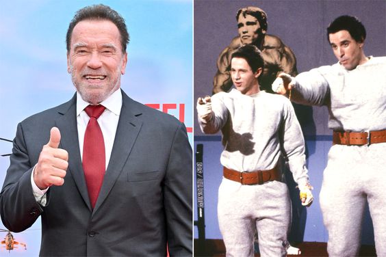 Arnold Schwarzenegger, Dana Carvey as Hans, Kevin Nealon as Franz during the 'Pumping Up with Hans & Franz' skit on SATURDAY NIGHT LIVE
