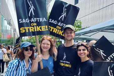 Aya Cash, Colby Minifie, Jack Quaid, and Claudia Doumit picketing as part of the SAG-AFTRA strike