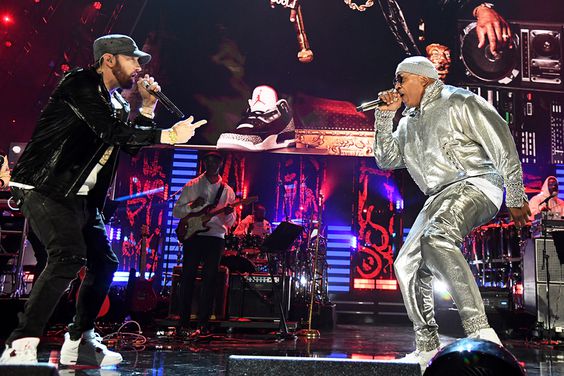 Eminem and LL Cool J perform onstage during the 36th Annual Rock & Roll Hall Of Fame Induction Ceremony at Rocket Mortgage Fieldhouse on October 30, 2021 in Cleveland, Ohio.