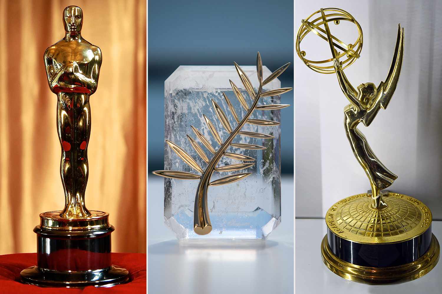 Oscars statuette, Emmy statuette, and the Cannes Palme d'Or