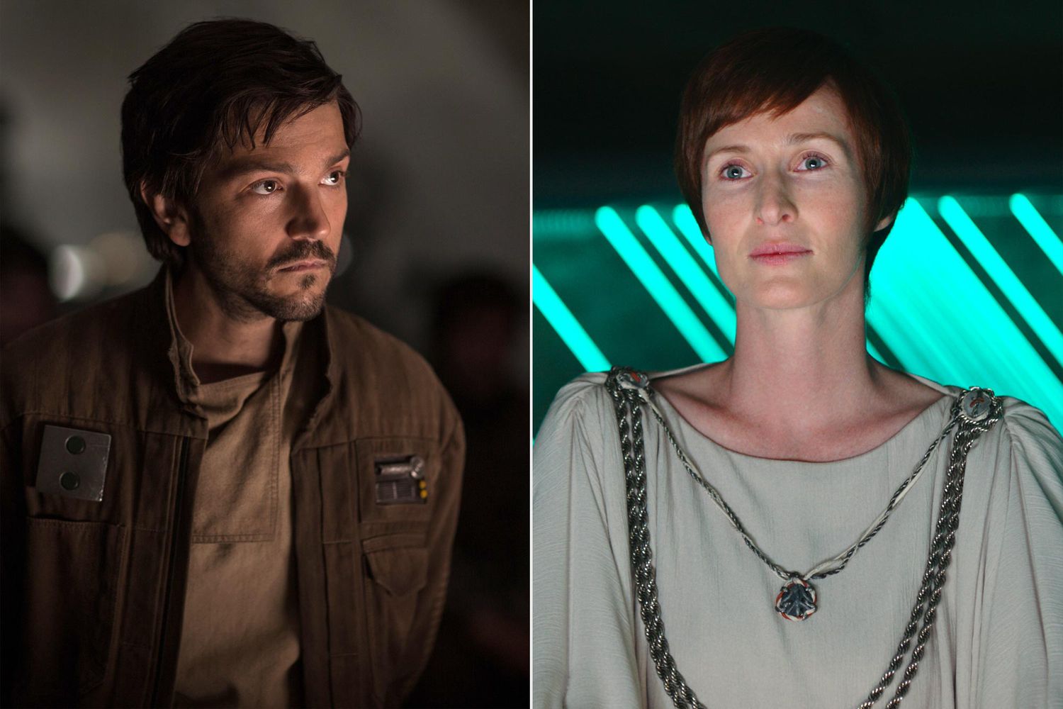 Cassian Andor (Diego Luna) and Mon Mothma (Genevieve O'Reilly) in Rogue One