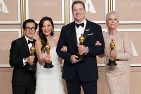 Ke Huy Quan, winner of the Best Actor In A Supporting Role award, Michelle Yeoh, winner of the Best Actress in a Leading Role award, Brendan Fraser, winner of the Best Actor in a Leading Role award for "The Whale", and Jamie Lee Curtis, winner of the Best Supporting Actress award for "Everything Everywhere All at Once", pose in the press room at the 95th Annual Academy Awards at Ovation Hollywood on March 12, 2023 in Hollywood, California.