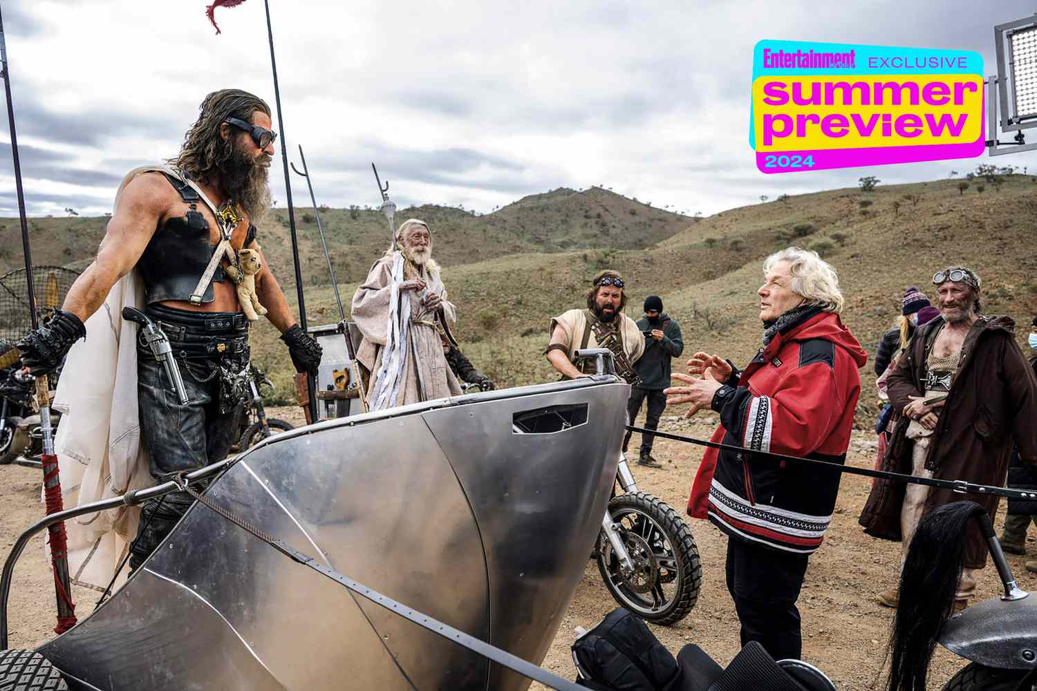 FURIOSA: A MAD MAX SAGA - Chris Hemsworth, George Shevtsov, Angus Sampson and director George Miller on set