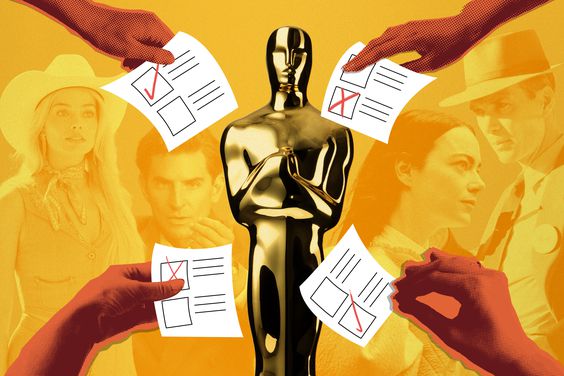 Collage of Academy Award Oscar statuette surrounded by hands handing in voting ballots on a background of Margot Robbie in Barbie, Bradley Cooper in Maestro, Emma Stone in Poor Things, and Cillian Murphy in Oppenheimer