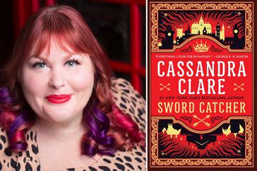 Author Cassandra Clare and cover of her book Sword Catcher 