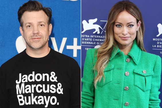 Jason Sudeikis wears a top featuring the names of England football players Jadon Sancho, Marcus Rashford and Bukayo Saka as he attends Apple's "Ted Lasso" Season 2 Premiere at Pacific Design Center on July 15, 2021 in West Hollywood, California. (Photo by Axelle/Bauer-Griffin/FilmMagic); Olivia Wilde attends the photocall for "Don't Worry Darling" at the 79th Venice International Film Festival on September 05, 2022 in Venice, Italy. (Photo by Elisabetta A. Villa/Getty Images)