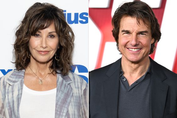 Split photo of Gina Gershon and Tom Cruise 