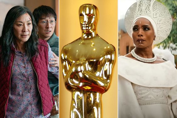 Oscar Nominations Everything Everywhere All at Once; Oscars statuette; Angela Bassett in Black Panther: Wakanda Forever