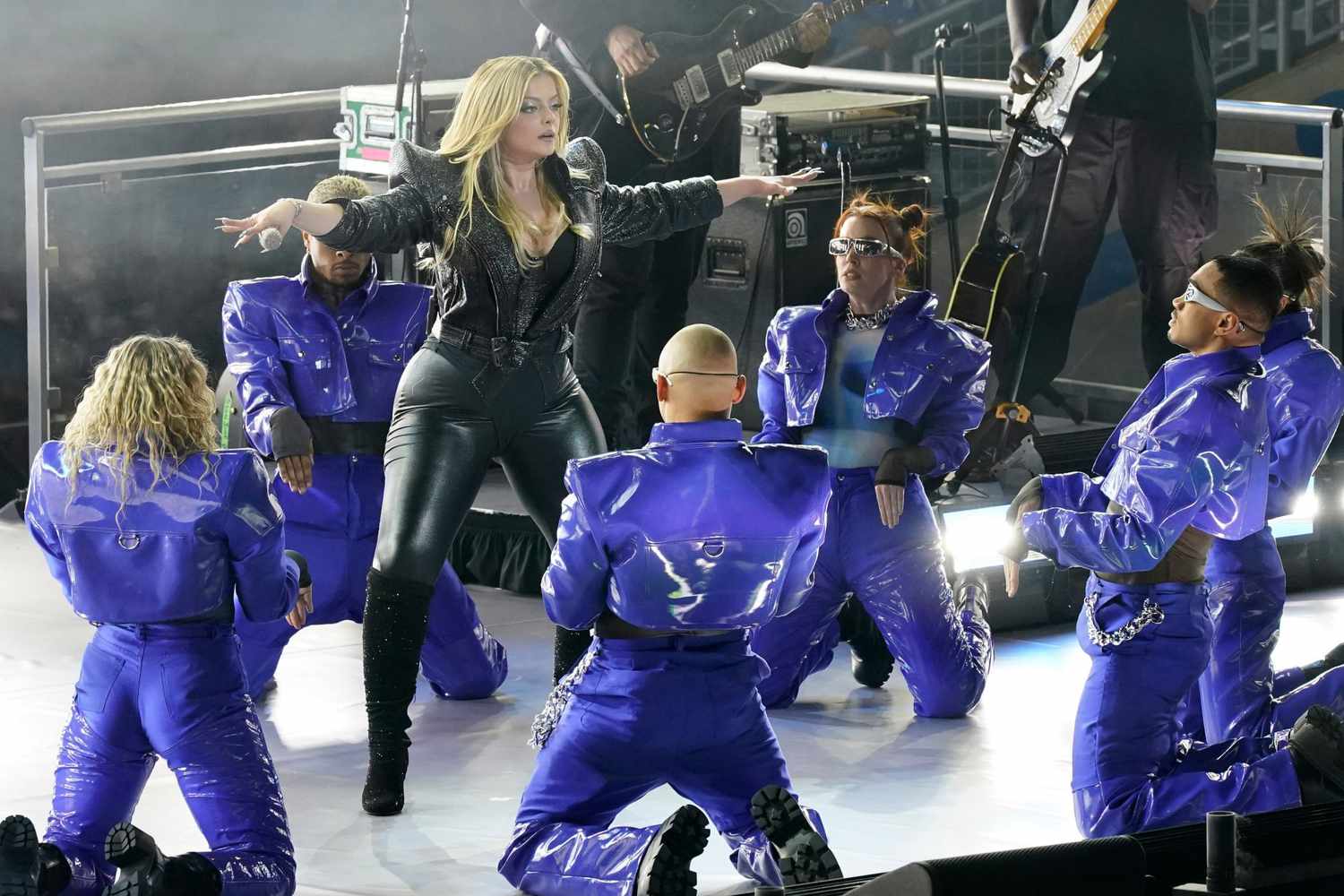 Mandatory Credit: Photo by Carlos Osorio/AP/Shutterstock (13636722cv) Singer Bebe Rexha performs during halftime of an NFL football game between the Detroit Lions and the Buffalo Bills, in Detroit Bills Lions Football, Detroit, United States - 24 Nov 2022