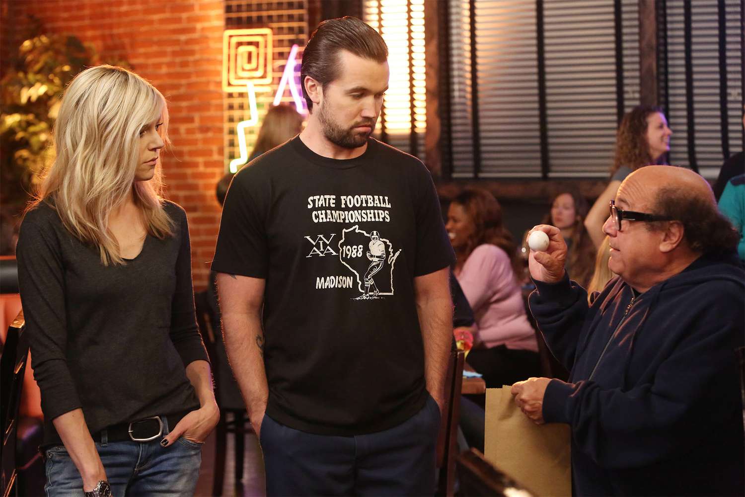 IT'S ALWAYS SUNNY IN PHILADELPHIA, l-r: Kaitlin Olson, Rob McElhenney, Danny DeVito in 'The Gang Tries Desperately To Win An Award' (Season 9, Episode 3, aired September 18, 2013), 2005-, ph: Patrick McElhenney/©FXX/courtesy Everett Collection