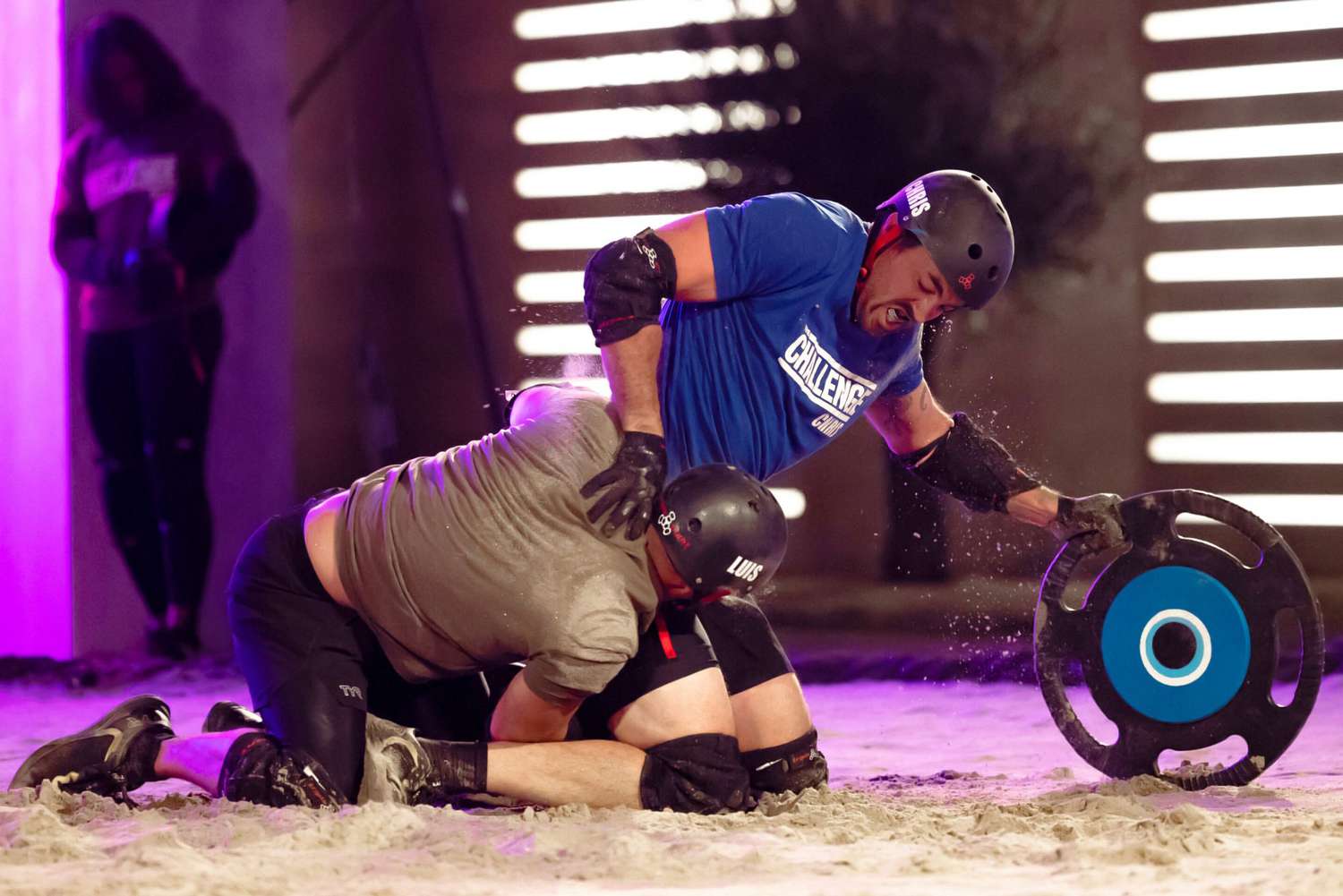 “Double Crossed and Sideswiped” – Host TJ Lavin reveals a shocking double elimination leaving the Challengers scrambling to win a high-stakes, adrenaline filled semi-truck challenge to ensure their survival in the game, on THE CHALLENGE: USA, Sunday, Aug. 20 (9:00-10:00 PM, ET/PT) on the CBS Television Network and streaming on Paramount+ (live and on demand for Paramount+ with SHOWTIME subscribers, or on demand for Paramount+ Essential subscribers the day after the episode airs). Pictured (L-R): Luis Colon and Chris Underwood. Photo by Jonne Roriz, courtesy of Paramount ©2023 Paramount, All Rights Reserved.