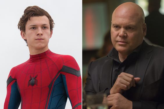 Split image of Tom Holland as Spiderman and Vincent D'Onofrio as Kingpin