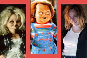 Split photo of Bride of Chucky, Childs Play and Fiona Dourif in the Chucky tv show 