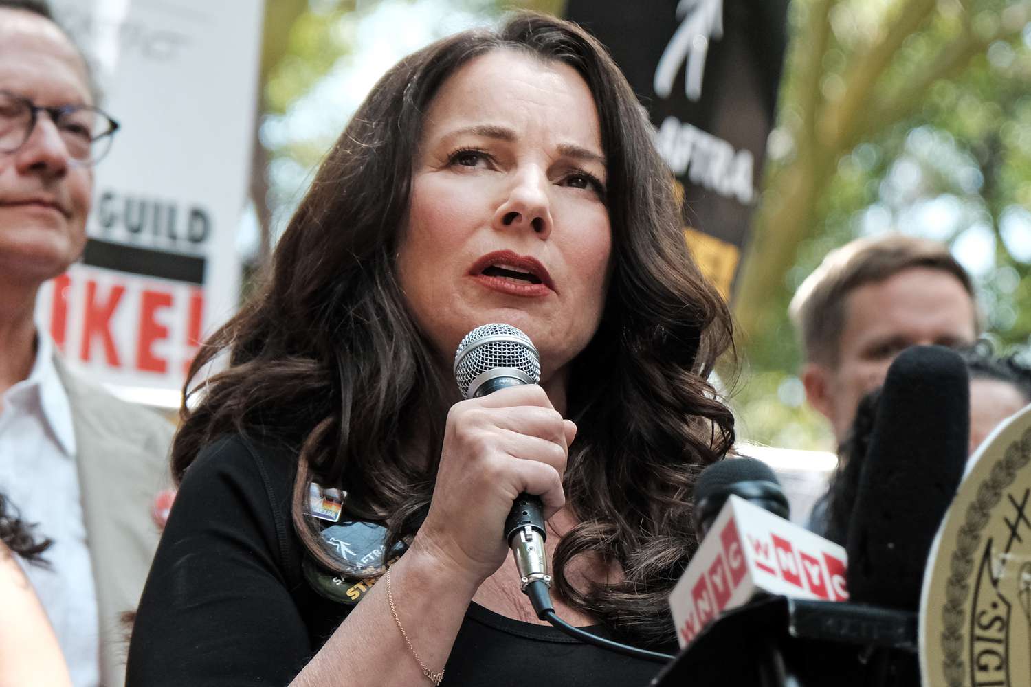 AG-AFTRA President Fran Drescher addresses picketers at New York City Hall on Tuesday as members of the actors SAG-AFTRA union continue to walk the picket line with screenwriters outside of major studios across the country on August 01, 2023 in New York City.