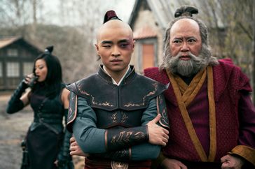 Arden Cho as June, Dallas Liu as Prince Zuko, Paul Sun-Hyung Lee as Iroh in season 1 of Avatar: The Last Airbender.
