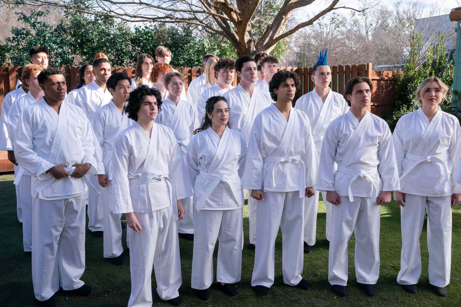 Khalil Everage as Chris, Nathaniel Oh as Nate, Griffin Santopeitro as Anthony Larusso, Owen Morgan as Bert, Mary Mouser as Samantha LaRusso, Aedin Mincks as Mitch, Gianni DeCenzo as Demetri, Xolo Mariduena as Miguel Diaz, Jacob Bertrand as Eli 'Hawk' Moskowitz, Tanner Buchanan as Robby Keene, Peyton List as Tory Nichols in Cobra Kai.