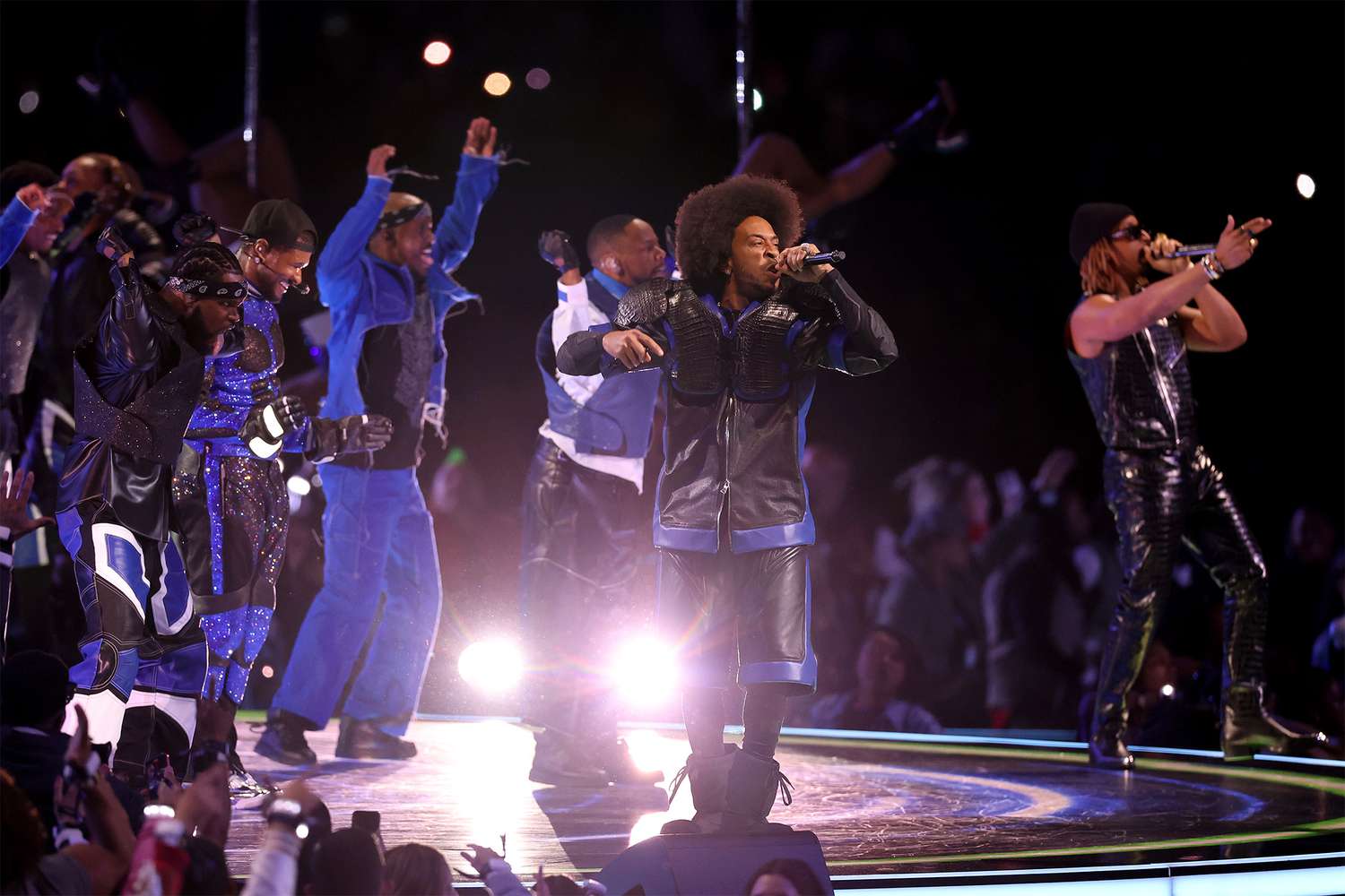 Usher, Ludacris, and Lil Jon perform onstage during the Apple Music Super Bowl LVIII Halftime Show at Allegiant Stadium on February 11, 2024 in Las Vegas, Nevada. (Photo by Steph Chambers/Getty Images)