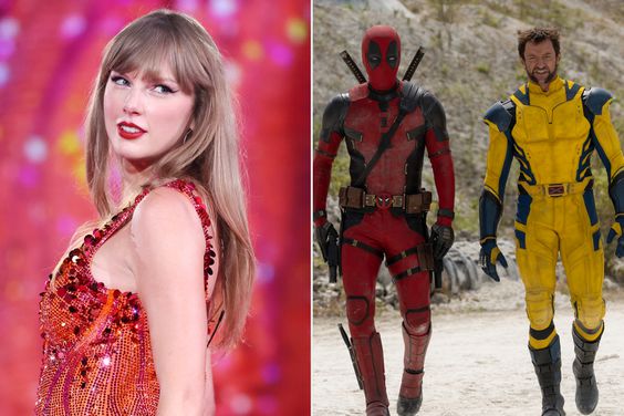 Split photo of Taylor Swift and Deadpool and Wolverine