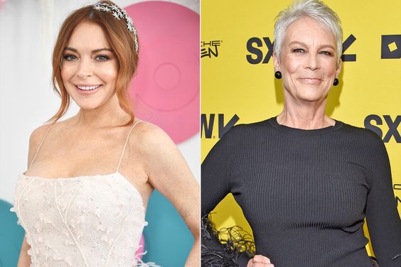 Lindsay Lohan attends the Network 10 marquee on Melbourne Cup Day at Flemington Racecourse on November 05, 2019 in Melbourne, Australia. (Photo by James Gourley/Getty Images); Jamie Lee Curtis attends the premiere of "Everything Everywhere All At Once" during the 2022 SXSW Conference and Festival - Day 1 at the Paramount Theatre on March 11, 2022 in Austin, Texas. (Photo by Tim Mosenfelder/Getty Images)