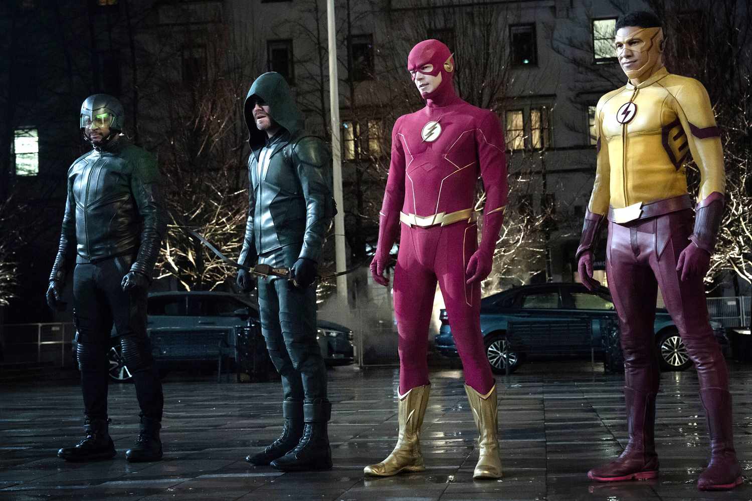 The Flash -- “It's My Party And I'll Die If I Want To” -- Image Number: FLA909b_0185r -- Pictured (L - R): David Ramsey as Spartan, Stephen Amell as Green Arrow, Grant Gustin as The Flash and Keiynan Lonsdale as Kid Flash -- Photo: Katie Yu/The CW -- © 2023 The CW Network, LLC. All Rights Reserved.