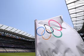 A corner flag with The Olympic rings is pictured inside the stadium prior to the start of the Olympic football competition at the Olympic Games Paris 2024 at Stade de Nice on July 23, 2024 in Nice, France. 