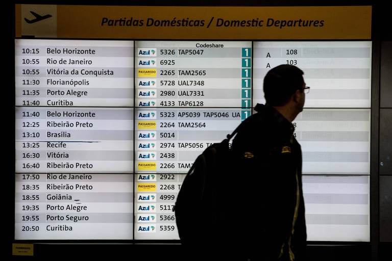 Passageiro com mochila no aeroporto de Guarulhos, em São Paulo