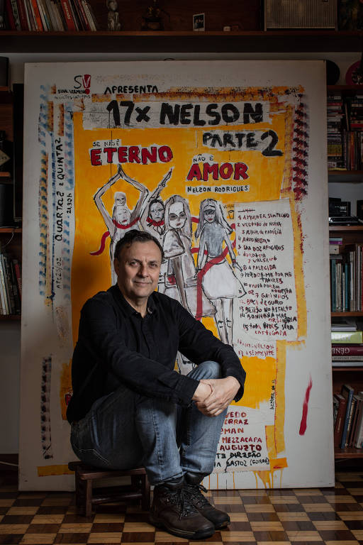 O diretor Nelson Baskerville com cartaz de "17 x Nelson"