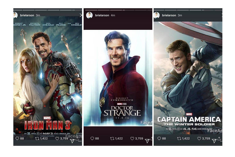 Brie Larson compartilhou pôsteres com Capitão América, Homem de Ferro e Doutor Estranho em versões sorridentes