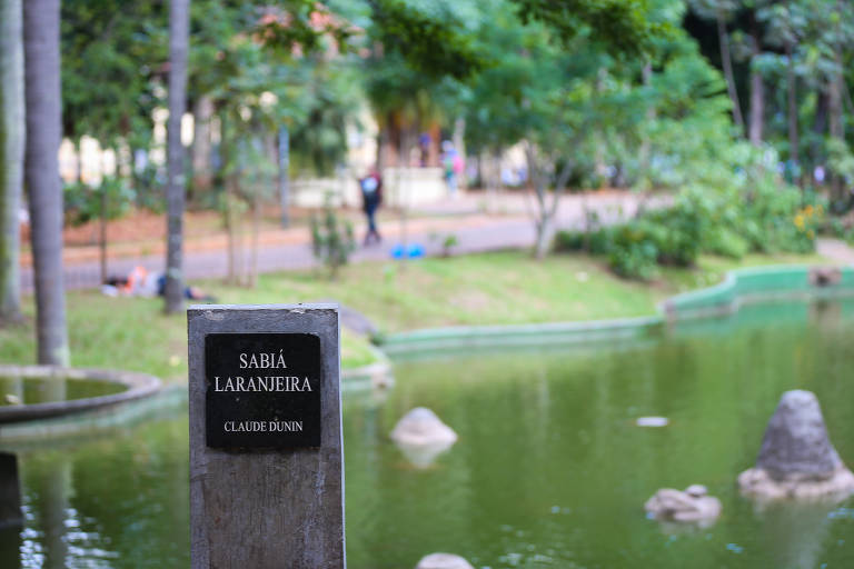 Pedestal onde deveria haver uma escultura de um sabiá, com um lago ao fundo