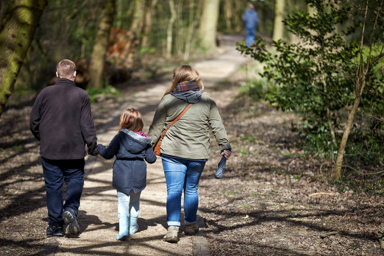 pai, mãe e filha caminham na floresta