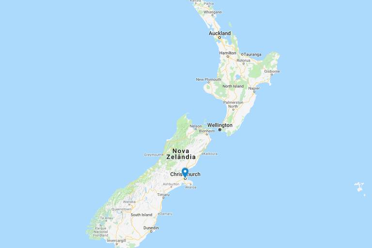 Mapa mostra a localização de Christchurch, Nova Zelândia 