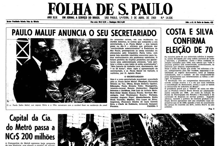 1969: Paulo Maluf nomeia secretários e diz que continuará obras de Faria Lima