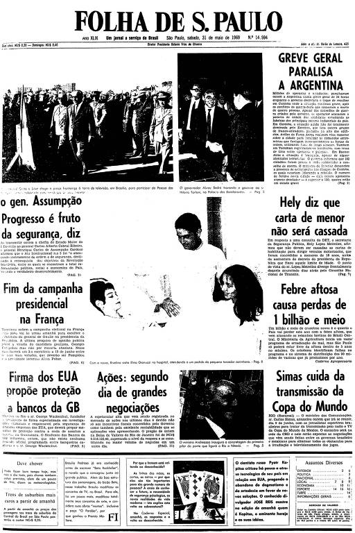 Primeira página da Folha de S.Paulo de 31 de maio de 1969