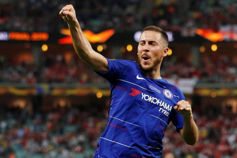 Hazard comemora o quarto gol do Chelsea na final da Liga Europa contra o Arsenal