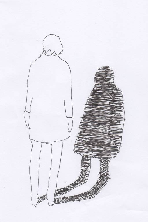 Desenho mostra uma pessoa de cabelo curto de costas, vestindo uma camiseta até os joelhos e de cabeça baixa, olhando para a própria sombra