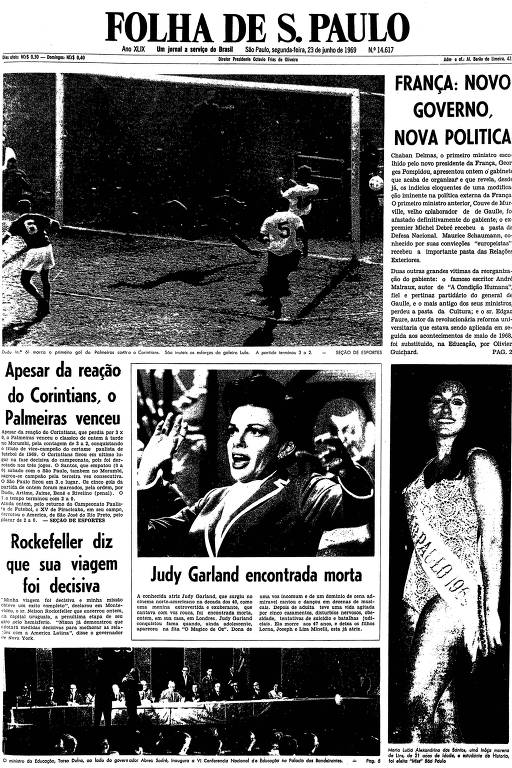 Primeira página da Folha de S.Paulo de 23 de junho de 1969