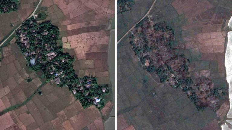 À esquerda, a aldeia rohingya de Maw em 2017, antes da campanha contra a minoria; à direita, imagem de 2018 mostra casas destruídas e área desocupada

