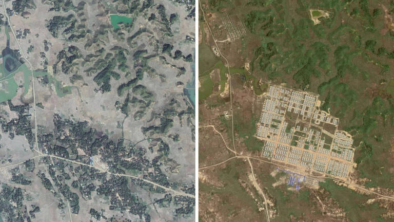 À esquerda, o vilarejo Hla Pho Khaung; à direita, foto de 2019 mostra a construção de um campo no local, onde os refugiados rohingyas seriam acolhidos 
