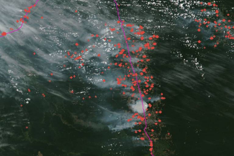 Cada cruz é um foco detectado por meio de imagem de satélite