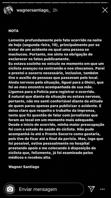 Ex-BBB Wagner Santiago divulga nota após atropelar ciclista 