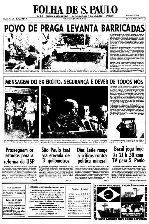 Primeira página da Folha de S.Paulo de 21 de agosto de 1969