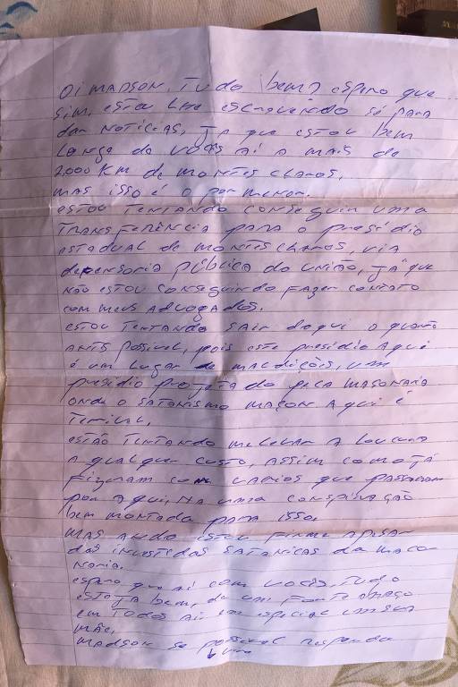 Carta enviada por Adélio à família, em maio de 2019, quando já estava preso na penitenciária federal de Campo Grande (MS) por ter esfaqueado Bolsonaro