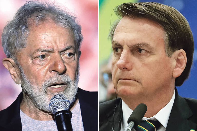 Montagem mostra, à esquerda, o ex-presidente Lula e, à direita, o atual chefe de governo, Jair Bolsonaro. Os dois estão com microfone à frente