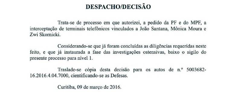 Documento em que Moro levanta parcialmente o sigilo de processo da Lava Jato