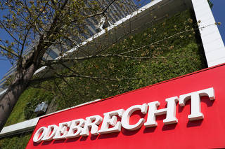 FILE PHOTO: The corporate logo of the Odebrecht SA construction conglomerate is pictured at its headquarters in Sao Paulo