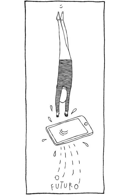 Ilustração em linhas pretas. Uma pessoa mergulha em um celular. Algumas gotas e letras respingam para fora do aparelho. Lê-se "o futuro" nas letras