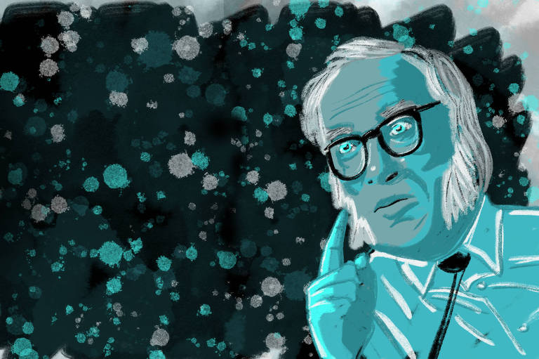 Ilustração de rosto Isaac Asimov, um homem calvo de cabelos brancos e óculos