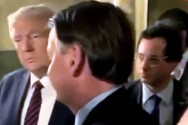 O presidente Jair Bolsonaro com o presidente americano Donald Trump e Fabio Wajngarten, da Secretaria Especial de Comunicação, que apresentou teste positivo para coronavírus