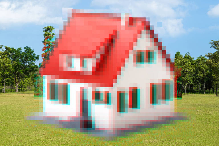 Ilustração de uma casa que está pixelada, em baixa qualidade